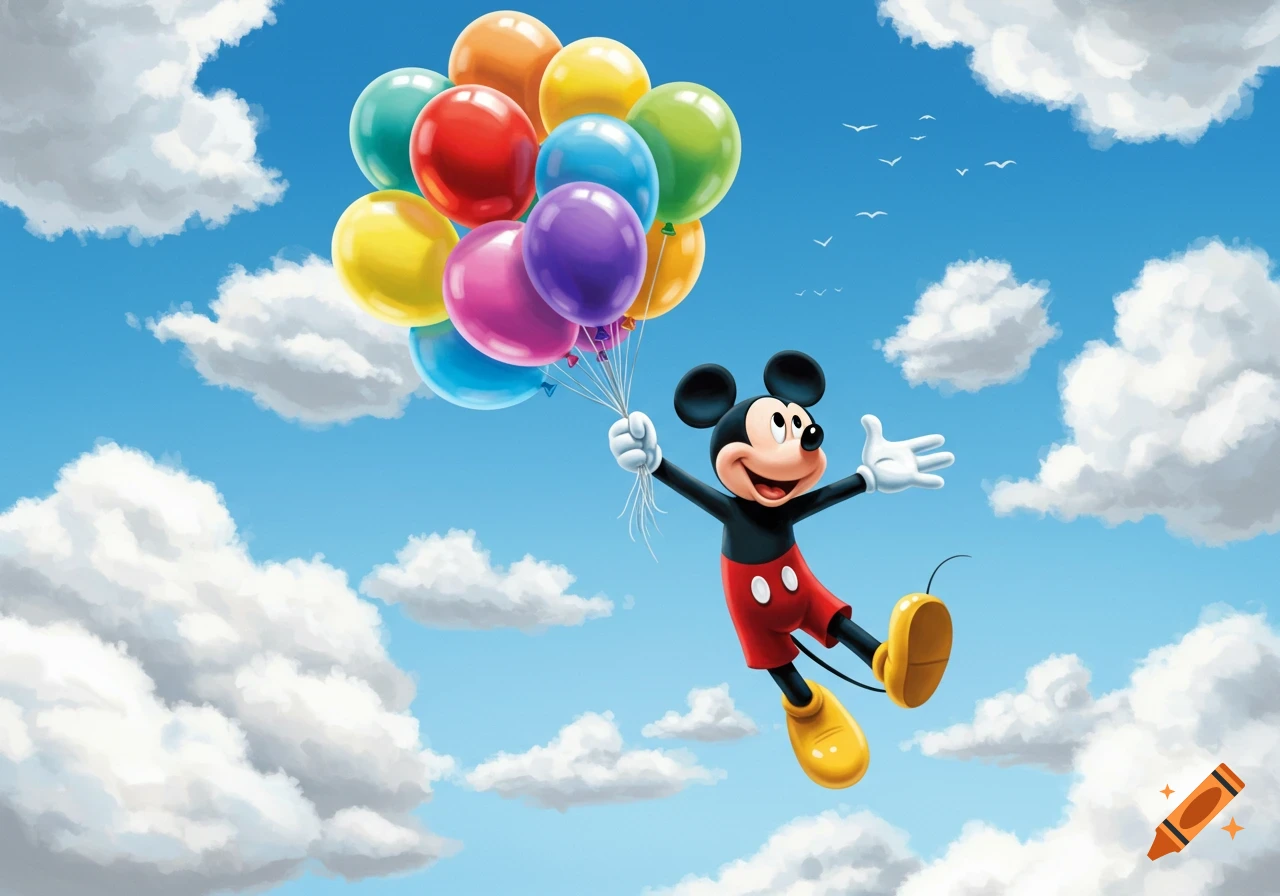 Mickey Mouse flies happily in a blue sky, holding a large bunch of colorful balloons, with white clouds around him.