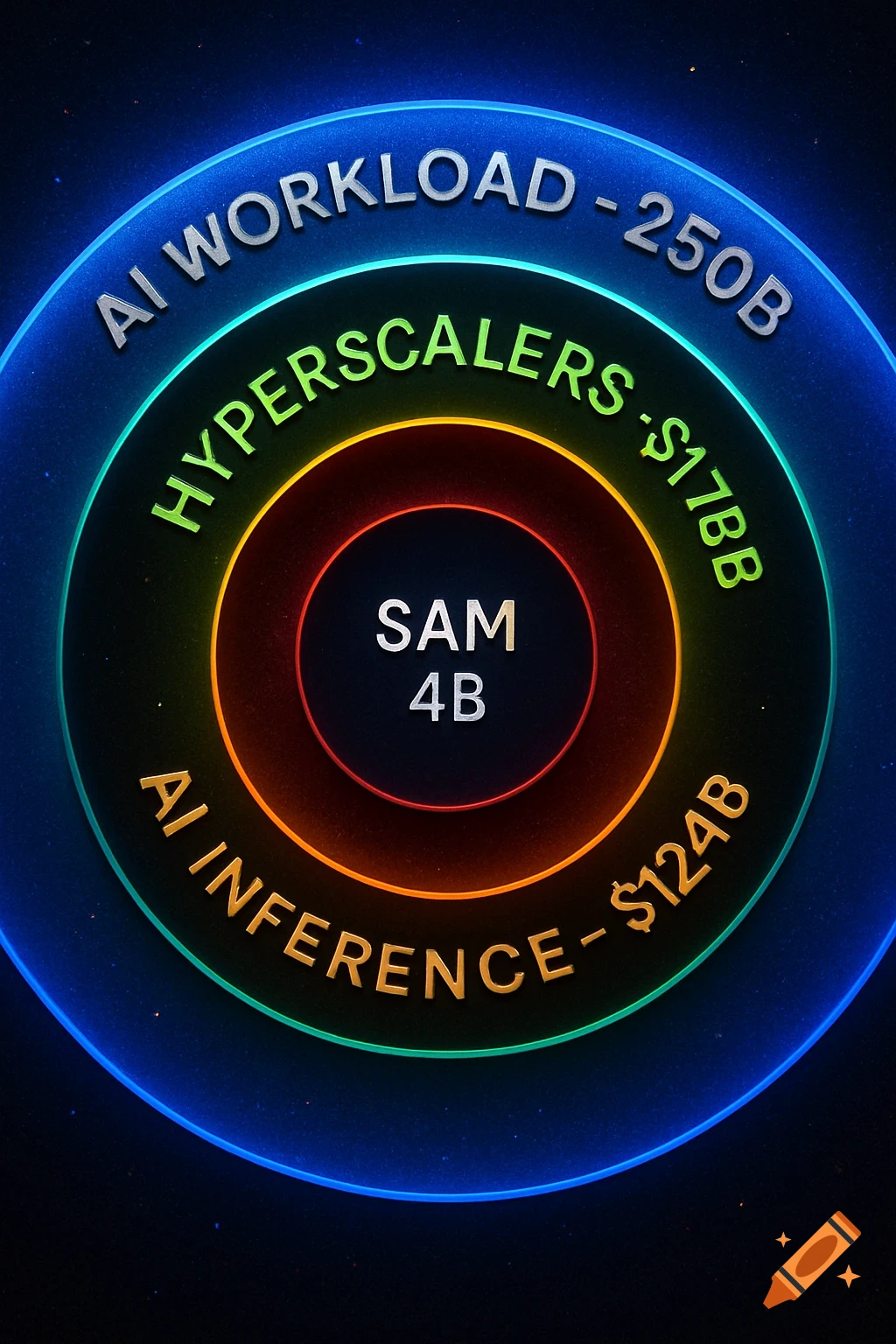 A concentric circle infographic glows with blue, green, orange, and red neon rings, displaying text related to AI workloads, hyperscalers, AI inference, and SAM with numerical values, all set against a dark, speckled background.