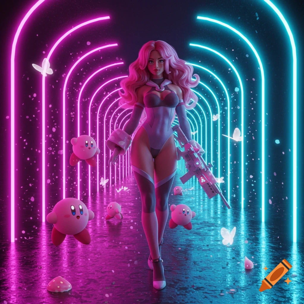 A stylized female character with pink hair and a futuristic rifle walks through a glowing neon tunnel with floating Kirby characters and butterflies.