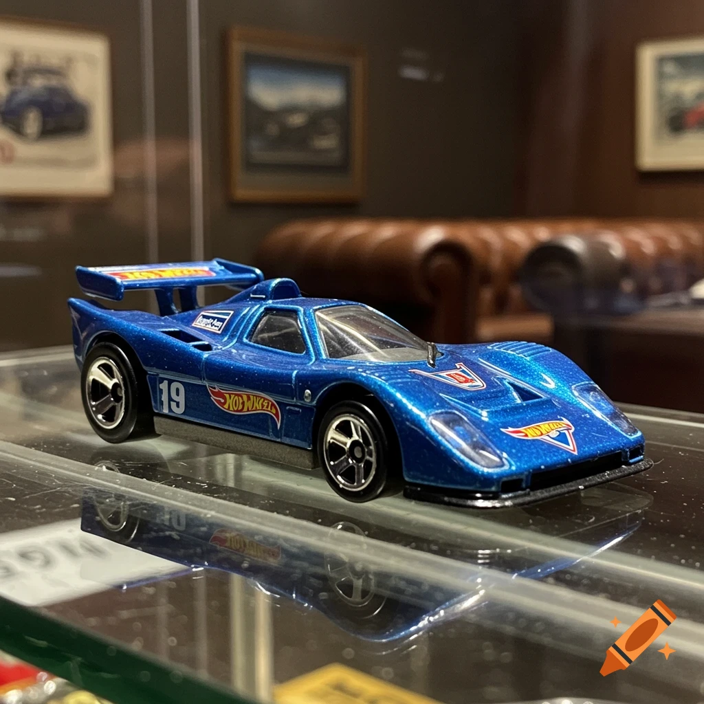 A blue Hot Wheels race car with the number 19 and Hot Wheels logo, sitting on a clear surface in a dim room.