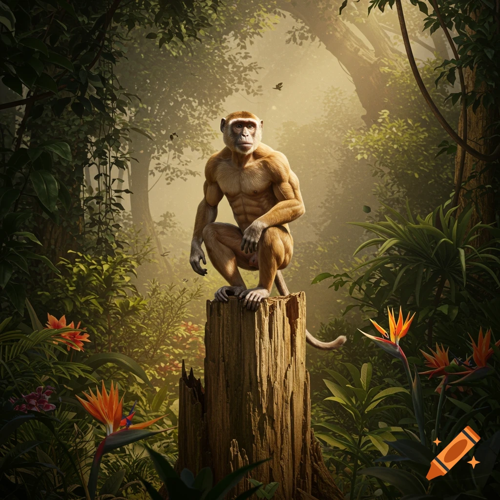 A muscular monkey crouches on a tree stump in a lush, sunlit jungle.