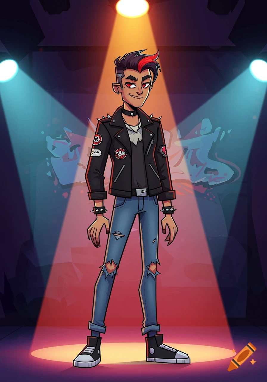 A cartoon character in a punk style, with a black studded leather jacket, ripped blue jeans, and red highlights in their hair, stands under spotlights.