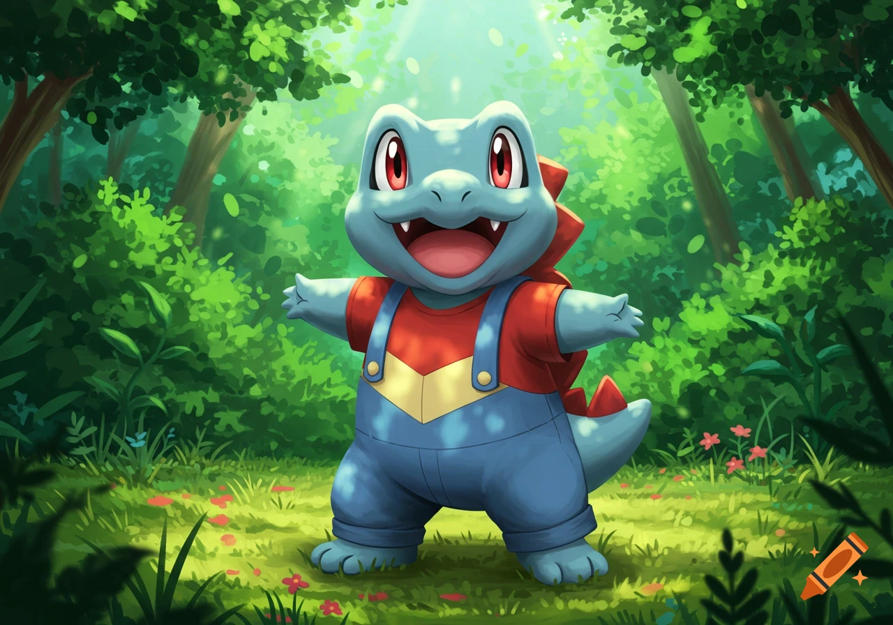 A cute blue Totodile from Pokémon wearing red and blue overalls stands in a lush green forest clearing with sunlight.