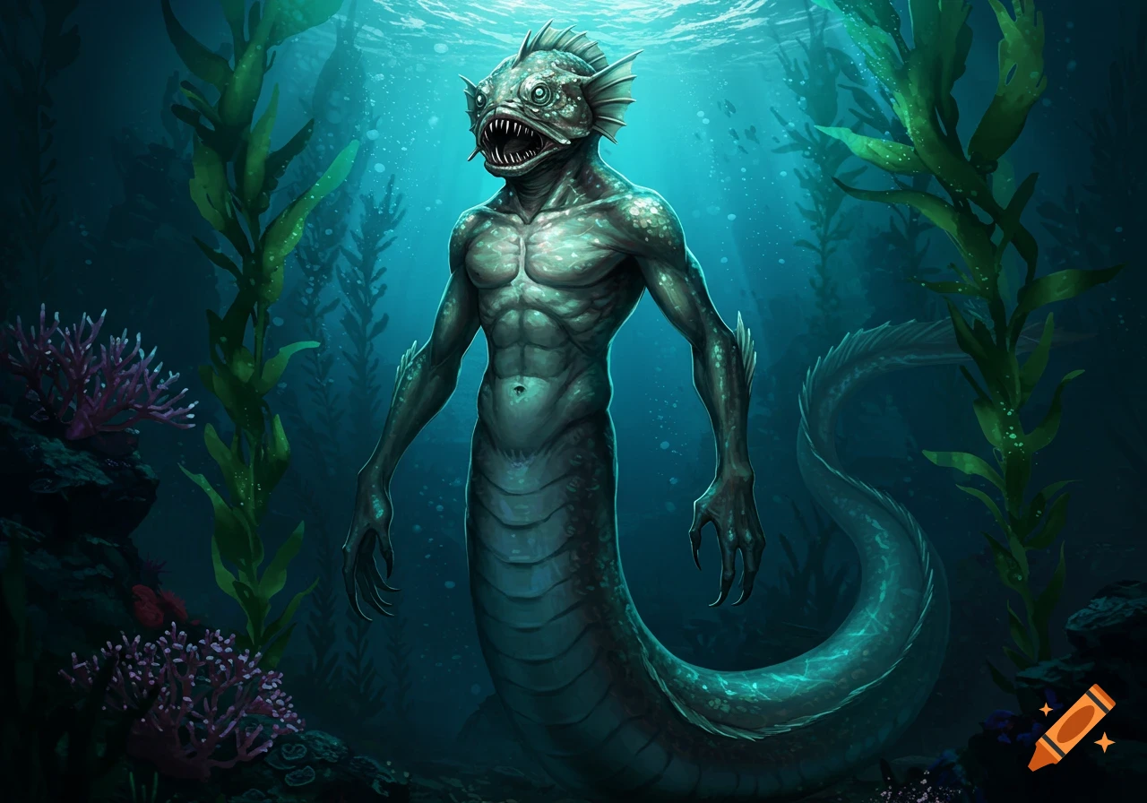 A fish-headed, muscular, green-skinned creature with an eel-like tail stands underwater amidst seaweed and coral.