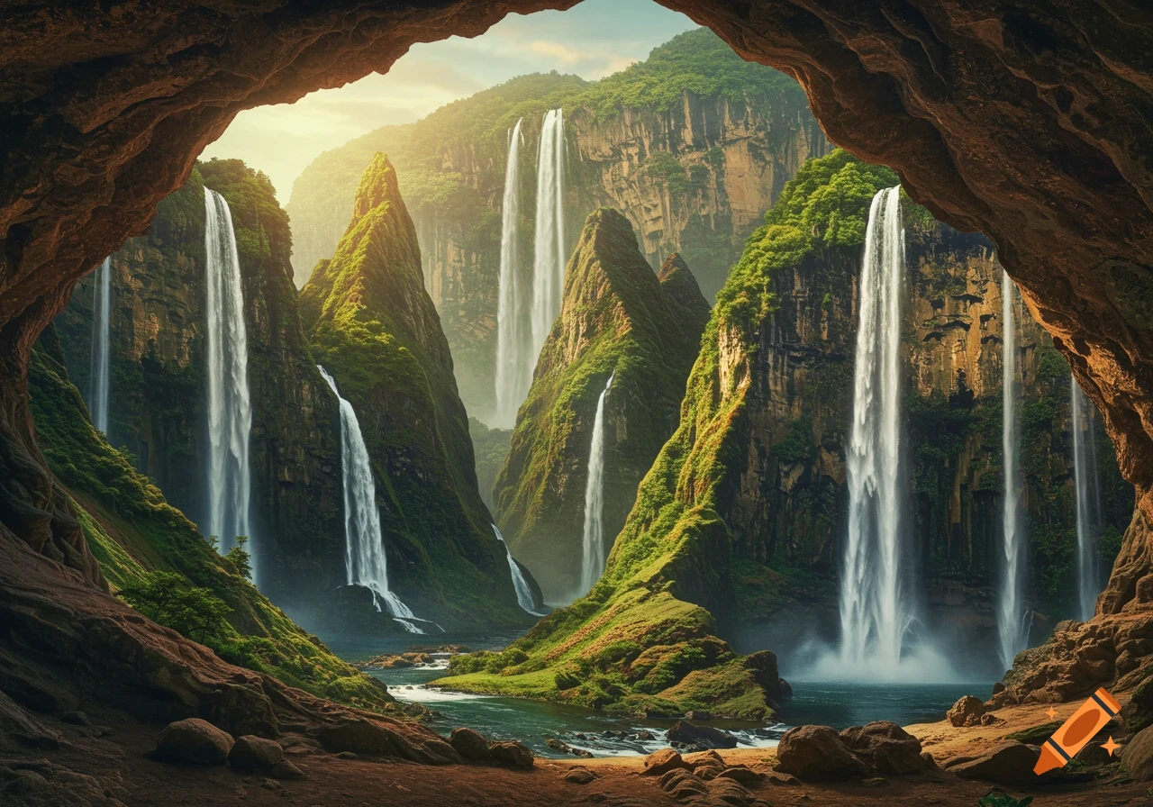 A scenic view from a cave mouth looking out into a lush valley with several large waterfalls cascading down tall, green mountains under a bright sky.