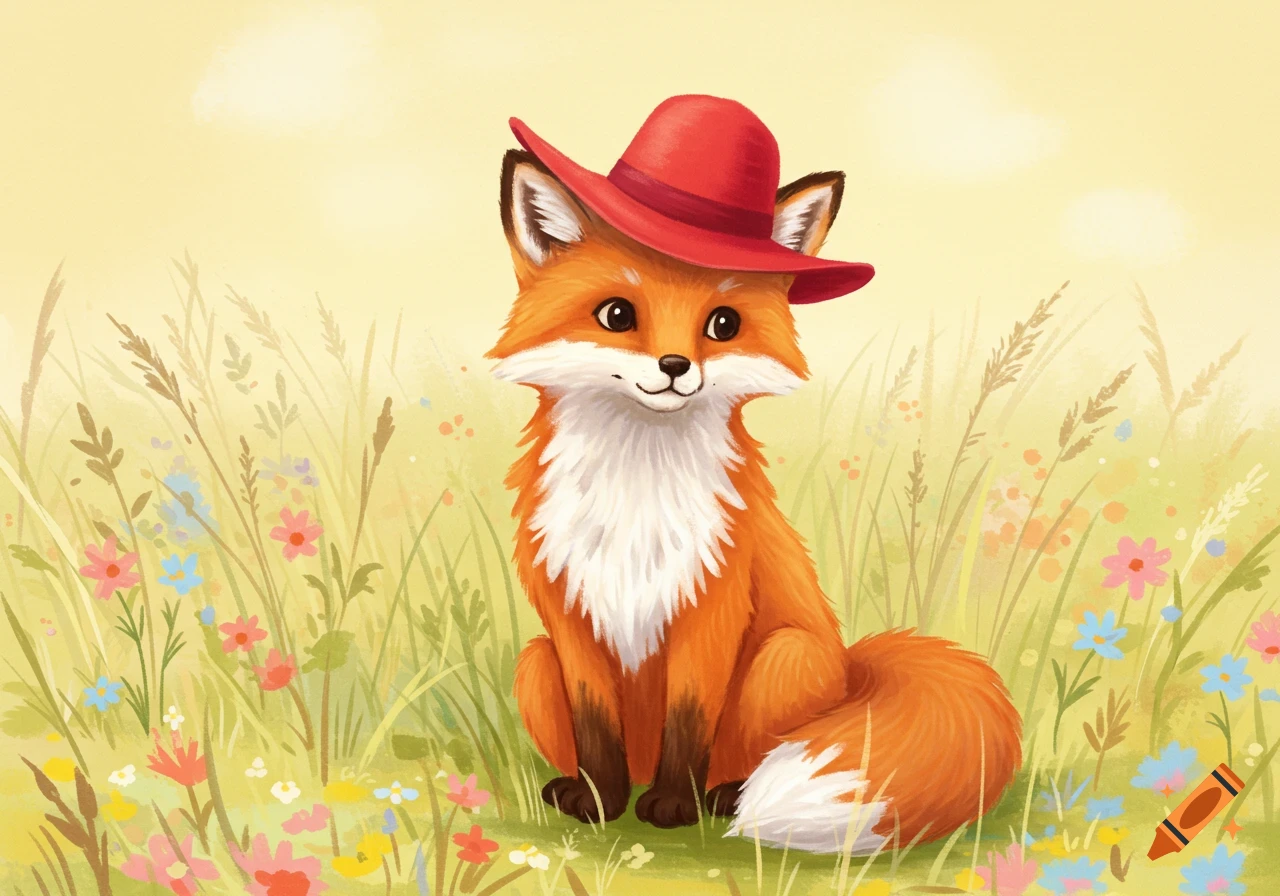 A cute, cartoon-style fox with a red hat sits in a field of green grass and colorful wildflowers.