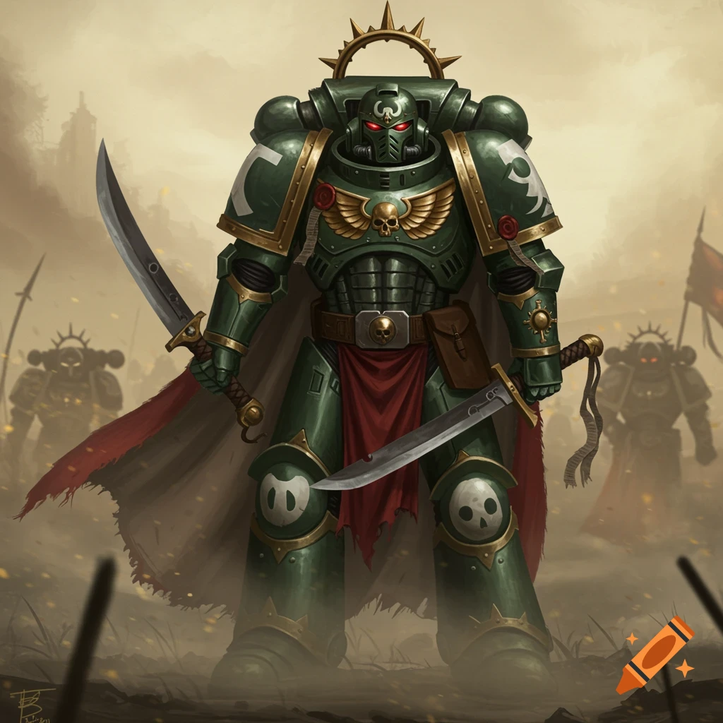 A green and gold armored space marine-like warrior with two swords, a red cape, and skull motifs on a battlefield.