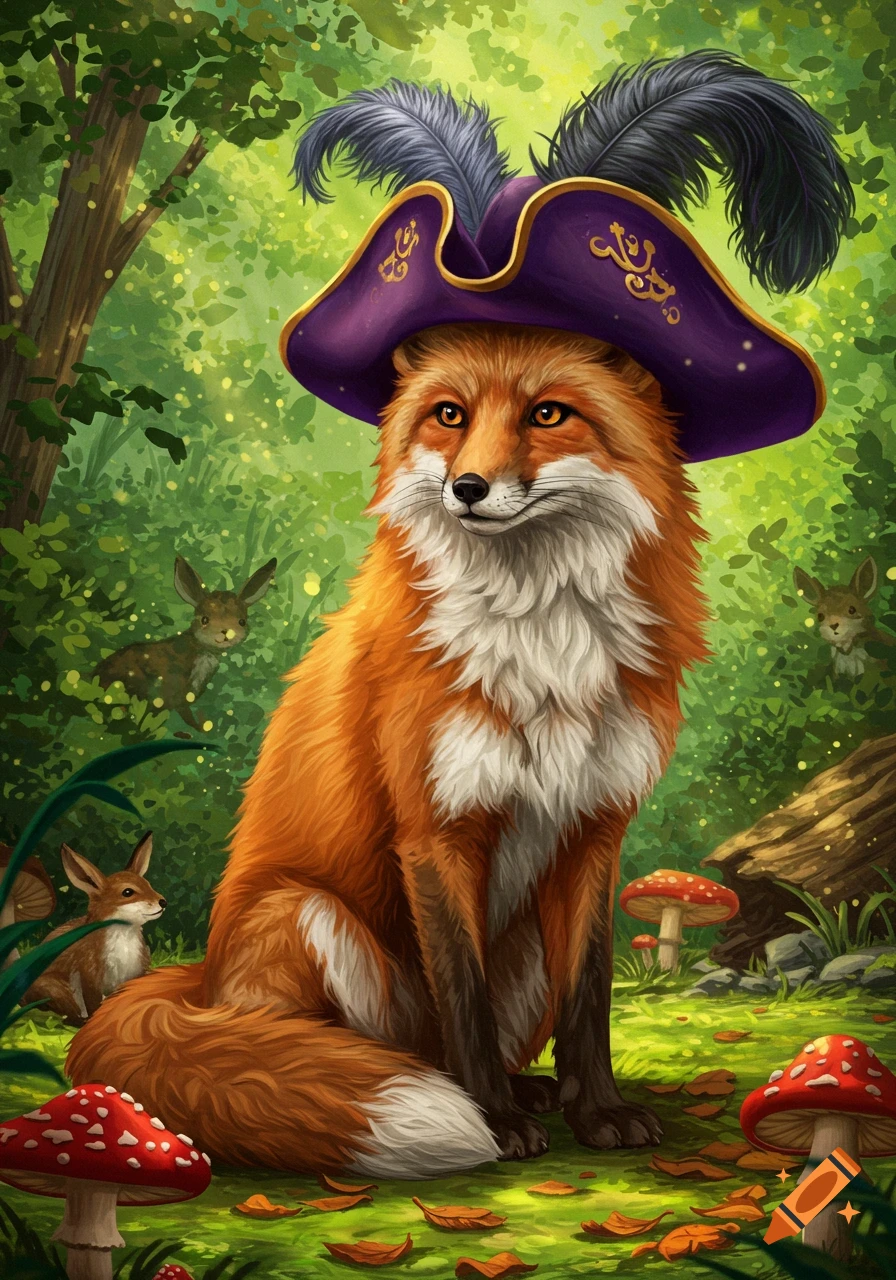 A red fox wearing a purple pirate hat with feathers sits in a vibrant green forest, surrounded by red mushrooms and small rabbits.