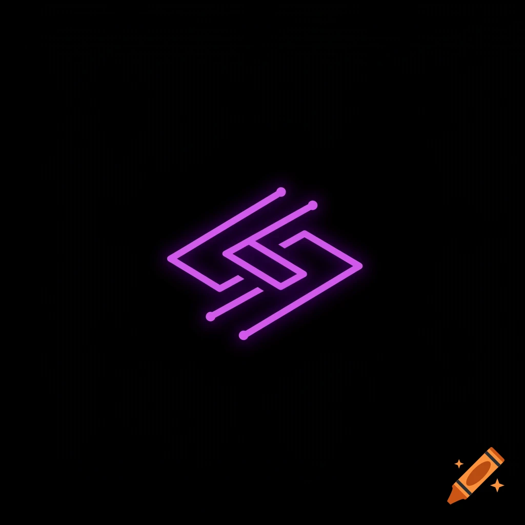 A glowing neon purple abstract geometric symbol on a pure black background.