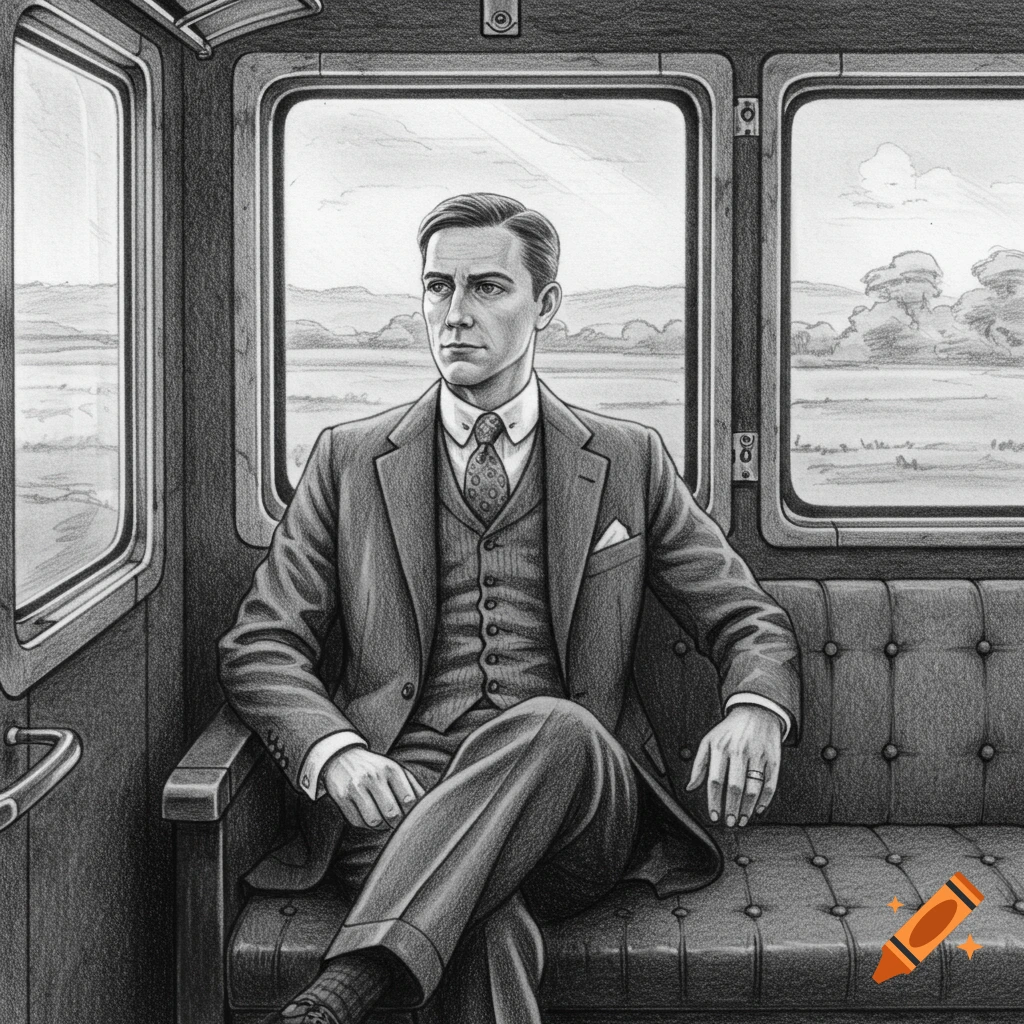 Pencil drawing of a man in a 1920s suit sitting on a train, looking out the window.