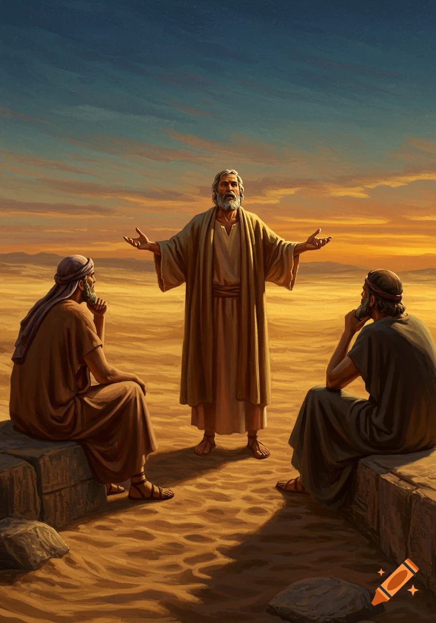 Three ancient men in robes converse in a desert landscape under a dramatic sky at sunset, in a painted style.