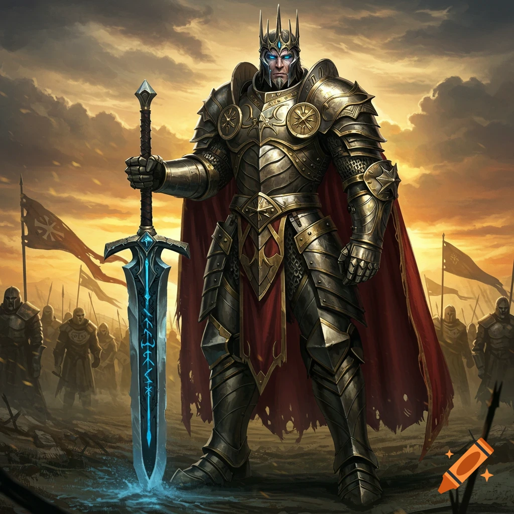 A king in ornate golden and silver armor stands holding a glowing blue sword on a battlefield with other warriors and flags under an orange sky, fantasy art style.