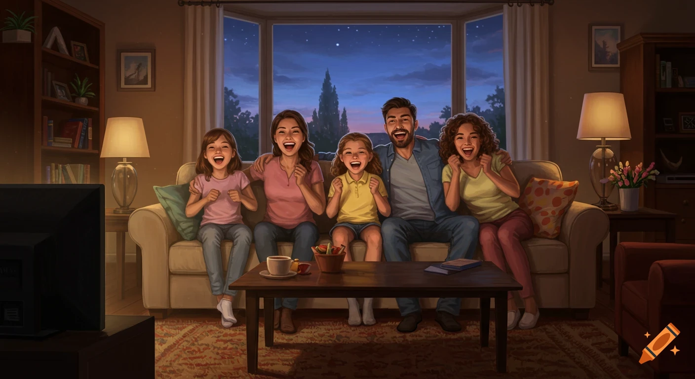 A family cheering on a couch while watching TV in a cozy living room at night, illustrated in a warm, inviting style.