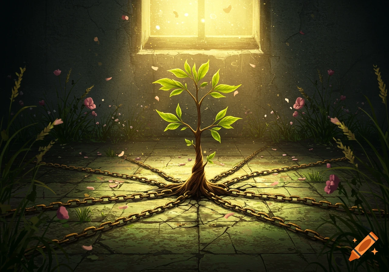 A vibrant green plant with glowing leaves grows from cracked stone, its roots transforming into chains that spread across a dark, worn floor. Light streams from a window above.