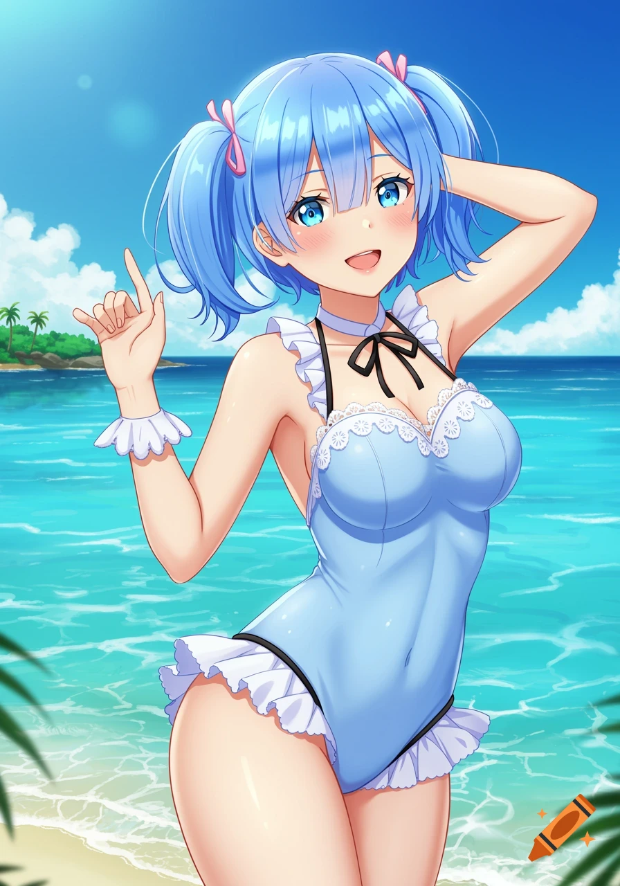 Anime girl with blue pigtails in a light blue swimsuit posing on a sunny beach with ocean and palm trees.