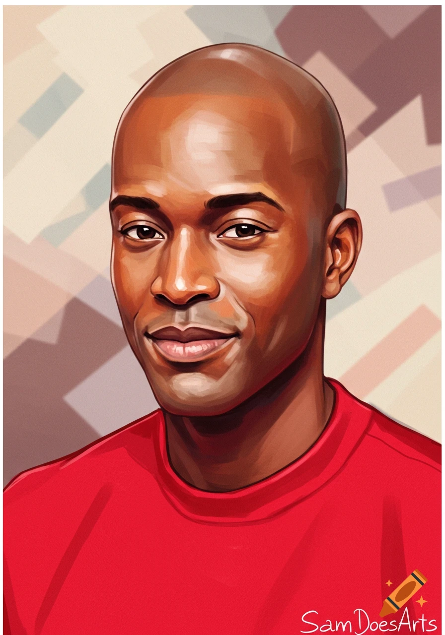 A colorful illustration of a bald man with dark skin, wearing a red t-shirt, looking forward with a slight smile, in a digital painting style.