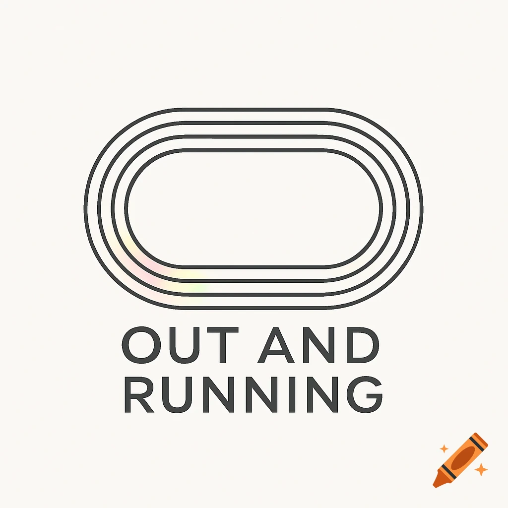 A minimalist logo with a black outline of an oval running track, featuring a subtle rainbow gradient on some lanes, above the text "OUT AND RUNNING" in a dark sans-serif font, on a light background.