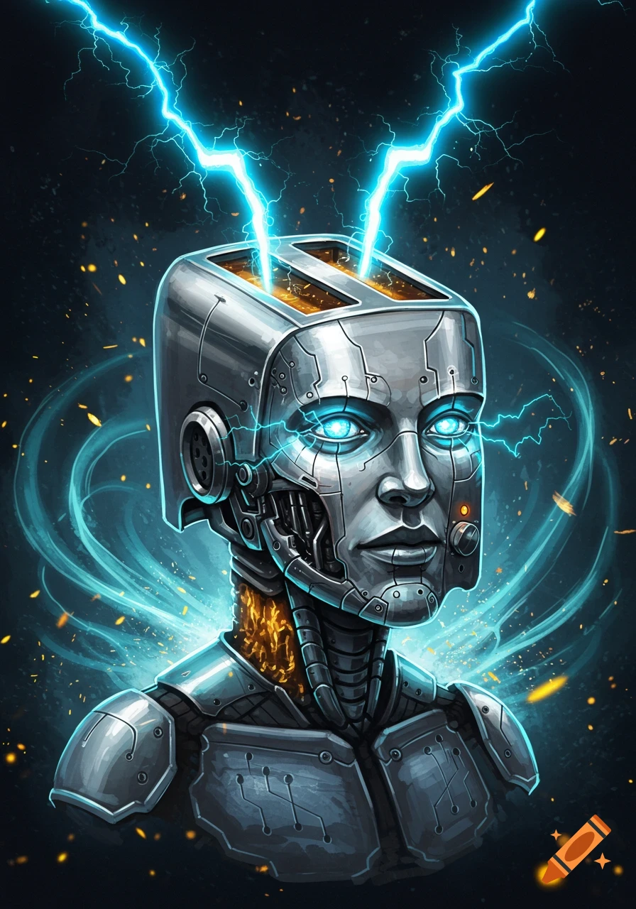 A human-like robot with a toaster for a head, glowing blue eyes, and lightning striking from its slots, against a dark, energy-filled background.