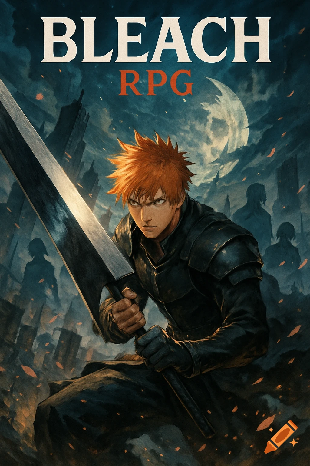 Anime-style character with orange spiky hair and dark armor holding a large sword, with a cityscape and moon in the background. Text 'BLEACH RPG'.