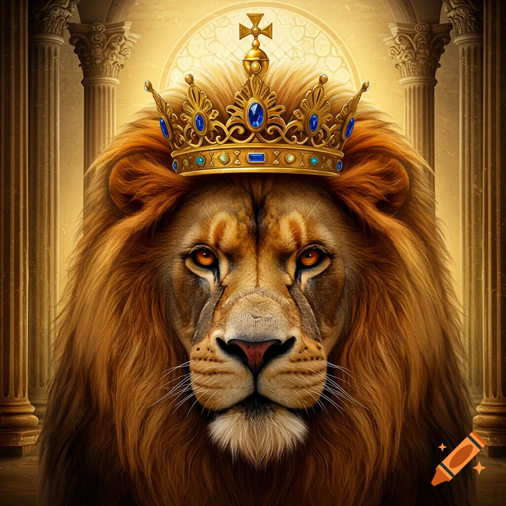 Close-up photorealistic portrait of a majestic lion wearing a golden royal crown with blue jewels, set against a background of classical pillars.