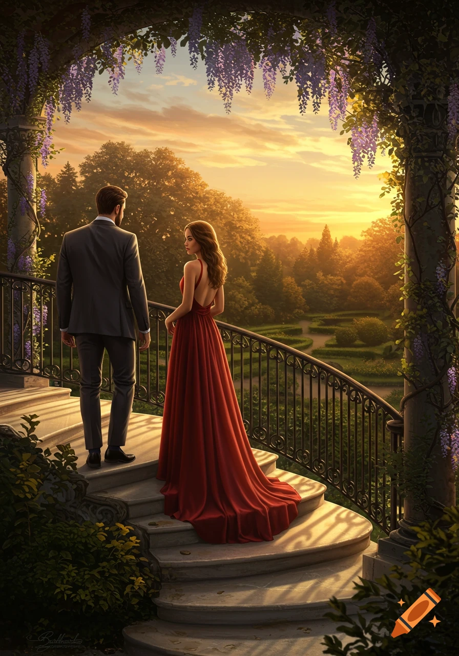 An elegant couple on a grand staircase with purple wisteria, overlooking a lush garden at sunset.