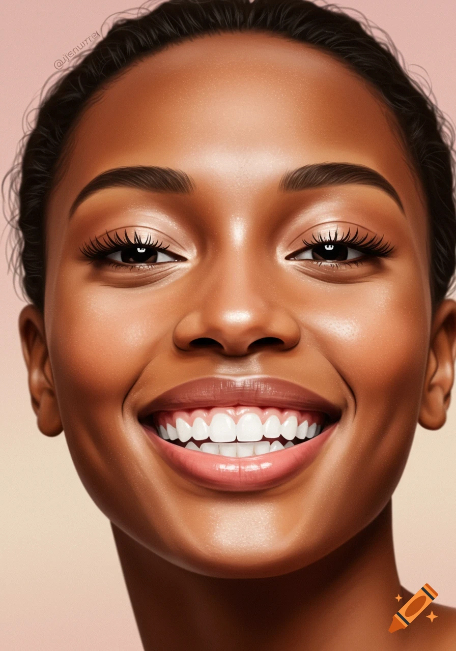 Close-up digital painting of a smiling young Black woman with bright, white teeth.