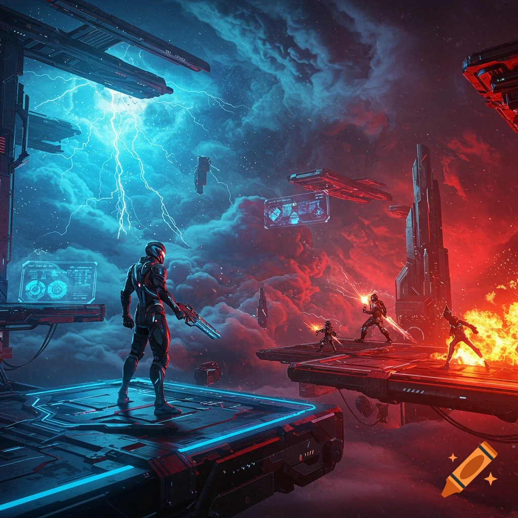 Armored figures battle on floating platforms amidst a dramatic red and blue nebula with lightning, in a futuristic sci-fi digital art style.