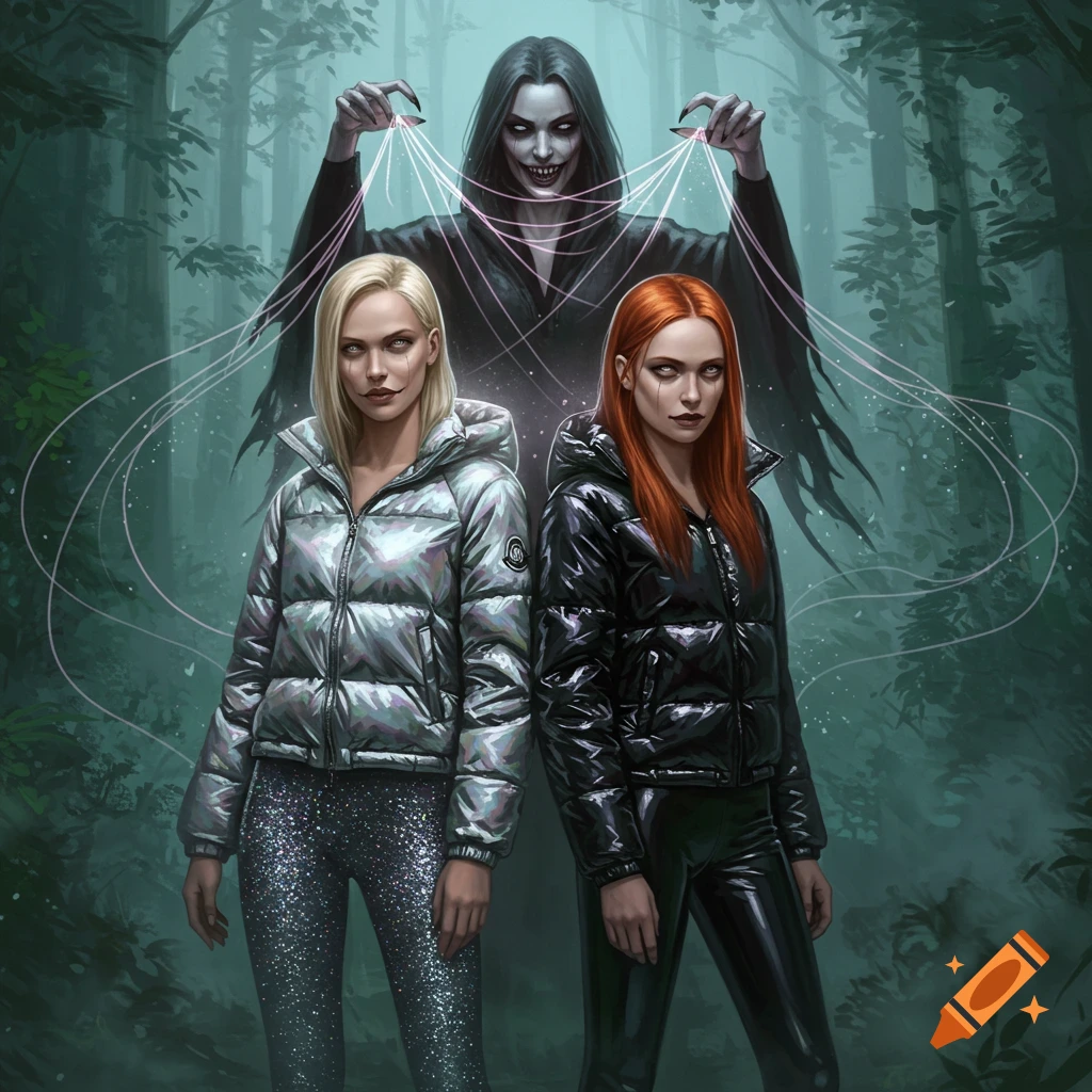 An evil sorceress pulls strings connected to two young women, a blonde in a silver jacket and a redhead in a black jacket, in a dark forest.