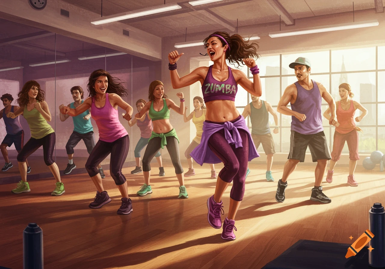 A diverse group of people dancing enthusiastically in a bright, modern fitness studio, led by a woman in a purple top with 'ZUMBA' written on it.