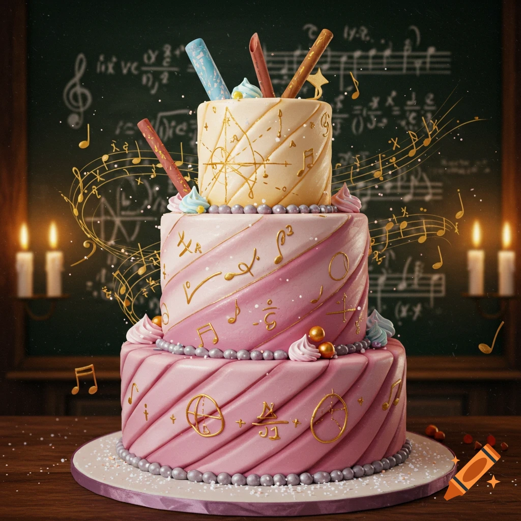 A three-tiered birthday cake decorated with musical notes and mathematical symbols, set against a chalkboard background with glowing candles.