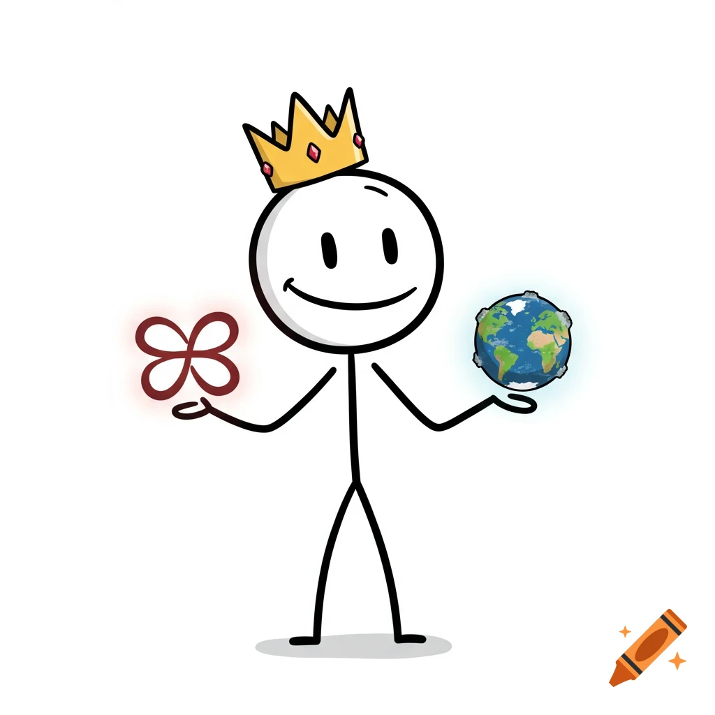 A smiling stick figure with a crown holds a glowing red infinity symbol and a glowing blue globe.