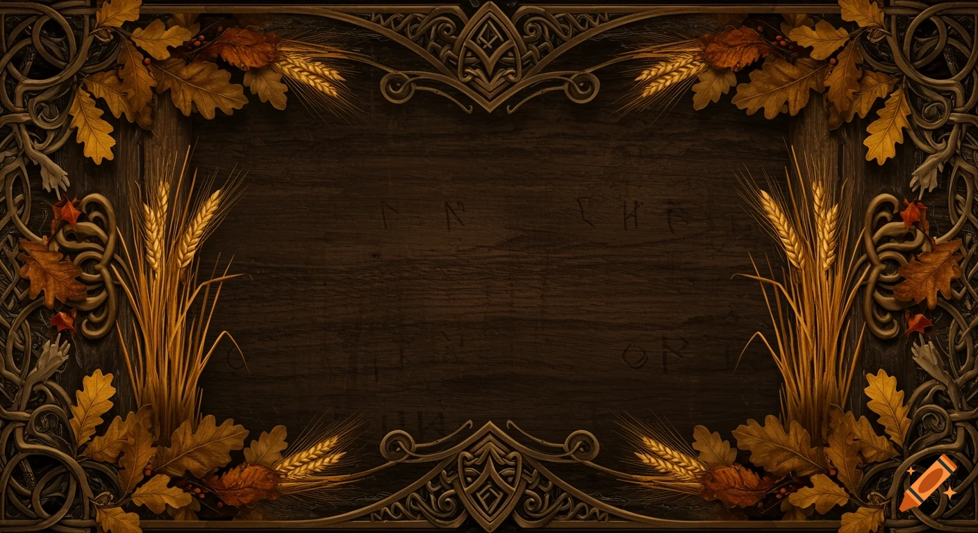 A decorative banner featuring a dark ornate gothic frame adorned with golden oak leaves and wheat around the edges, surrounding a central dark wooden panel.