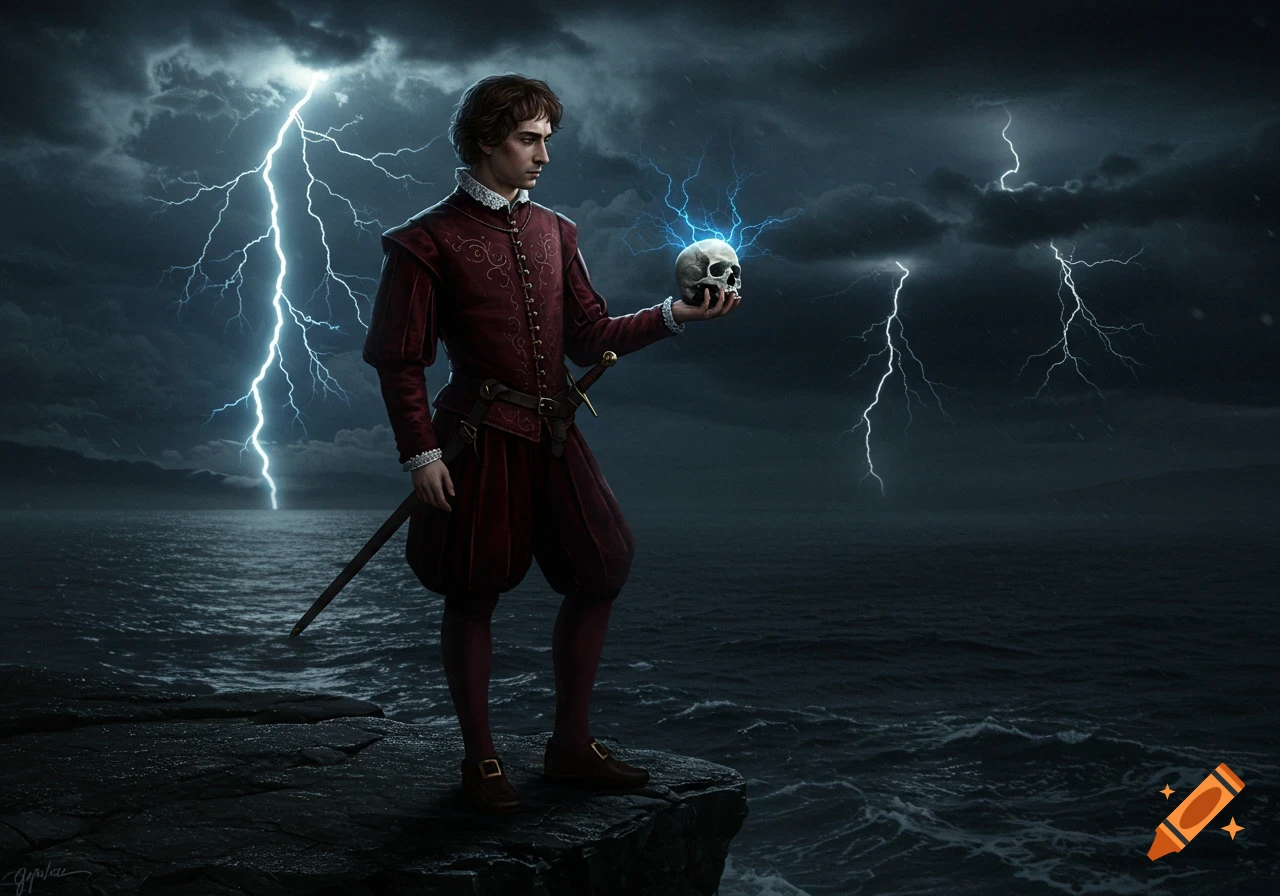A man in a red historical costume stands on a cliff holding a skull with lightning in the stormy sky and sea.