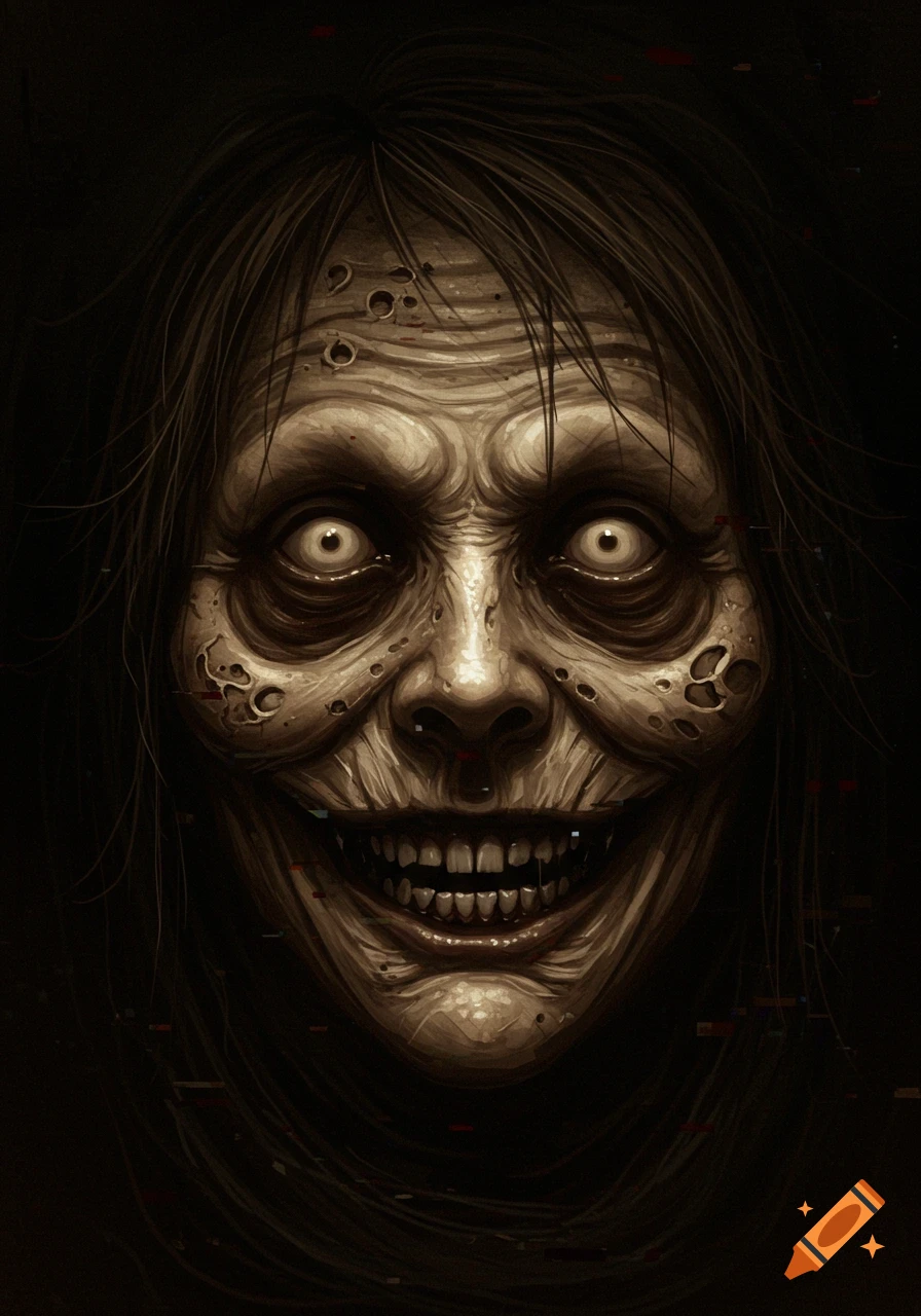 A close-up, grotesque monster face with sunken eyes, a wide grin, and disheveled hair, in a dark, unsettling horror art style.
