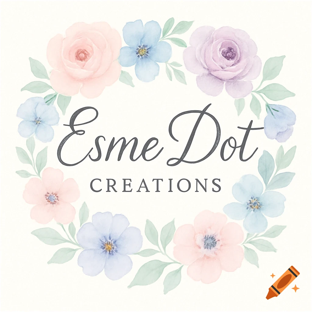 A watercolor business logo featuring a pastel floral wreath surrounding the name 'Esme Dot Creations'.