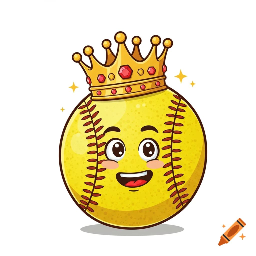 A cartoon yellow softball wearing a gold crown with red gems and a cute happy face.