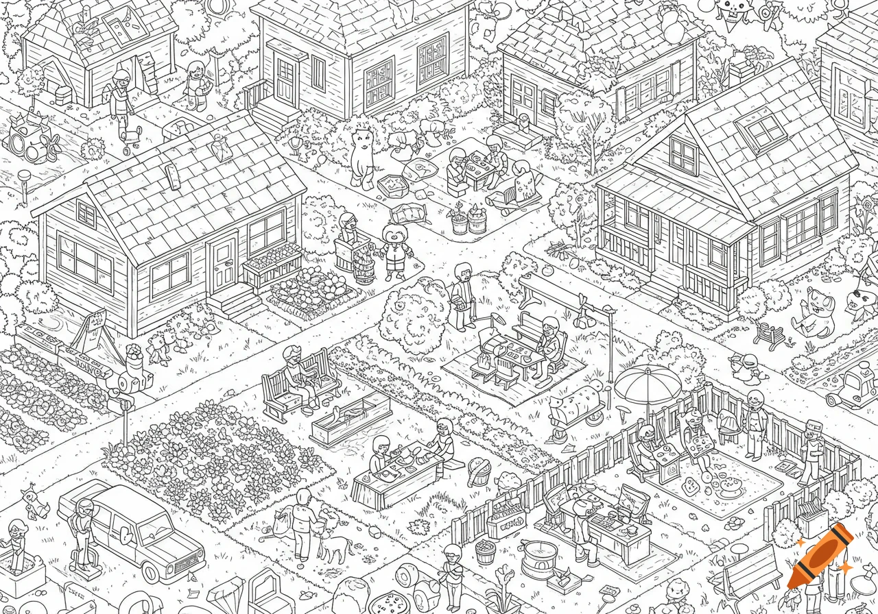 A detailed isometric black-and-white line drawing of a bustling neighborhood with multiple houses, gardens, people interacting, and various activities, in a style similar to The Sims.