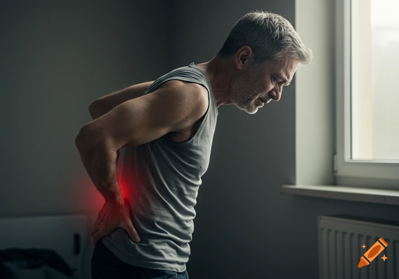 Man holding his lower back with a red glow, indicating pain, in a photorealistic style.