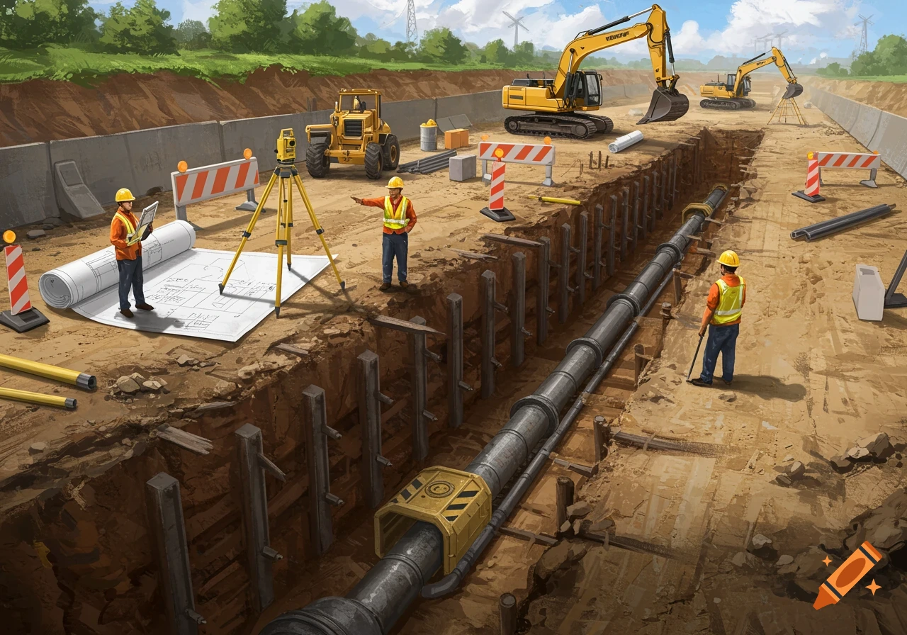 An illustration of a large construction site with workers, excavators, and a loader digging a trench for a pipeline.