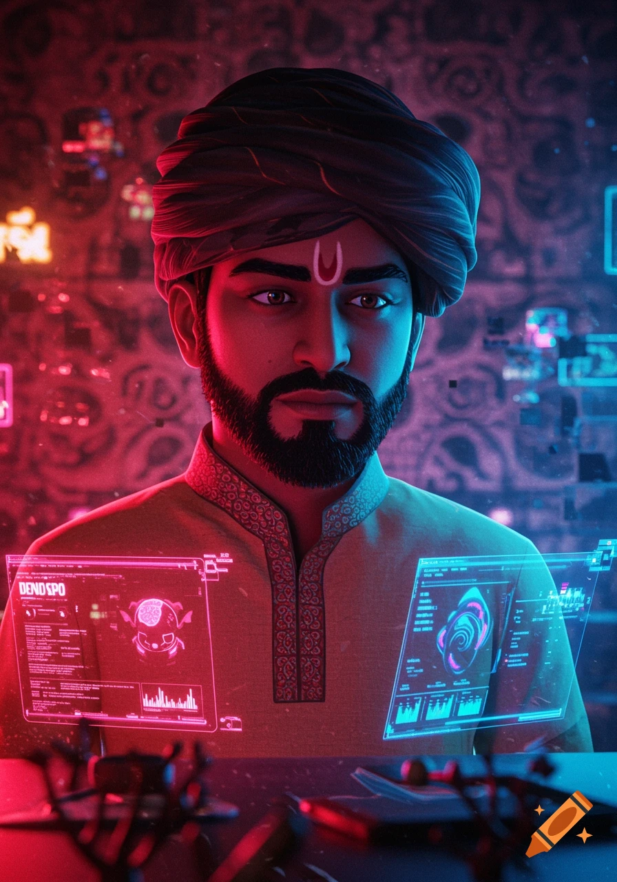 A stylized portrait of a bearded Indian man in a turban and traditional attire, looking at glowing futuristic holographic screens.