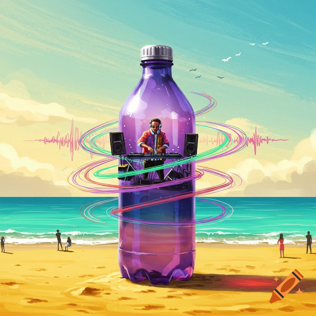 An illustrative image of a DJ inside a large purple bottle on a sunny beach with sound waves emanating.
