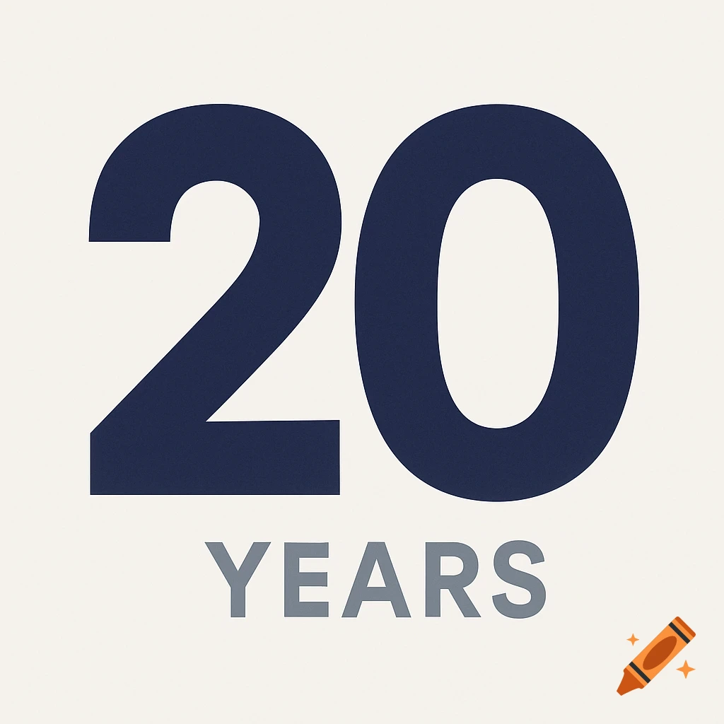 A large dark blue number 20 with the word YEARS in gray below it, on a light cream background.