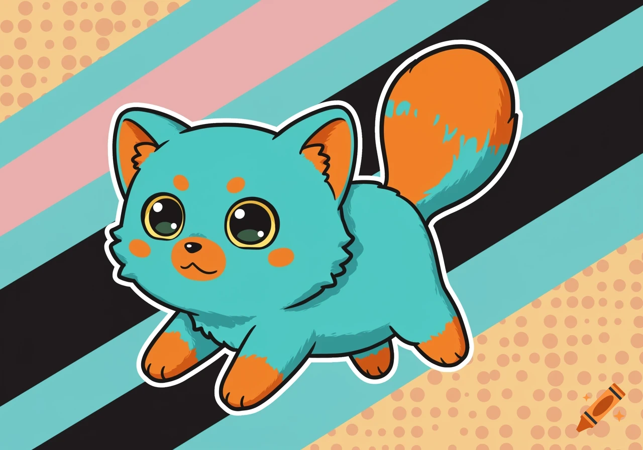 A cute teal and orange cartoon cat with large eyes against a background of striped and polka dot patterns.
