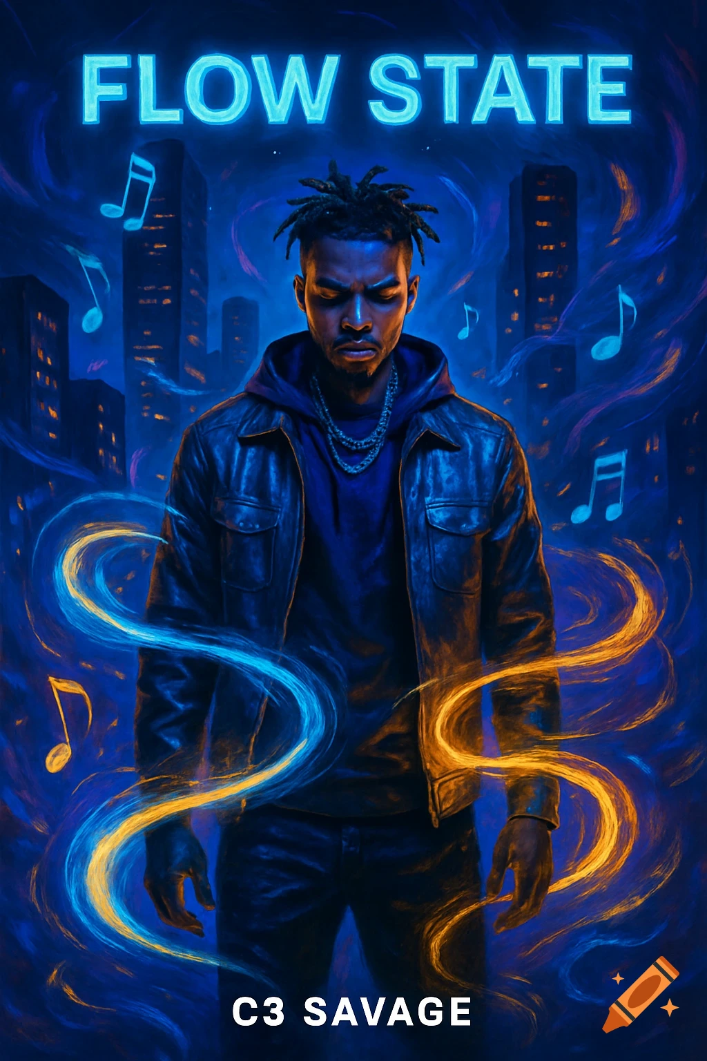 A man in a leather jacket stands in an urban setting with neon lights and musical notes, with glowing blue and orange lines around him. Text 'FLOW STATE' and 'C3 SAVAGE'.
