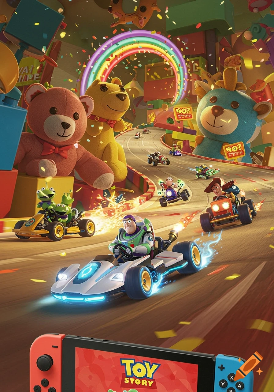 Buzz Lightyear leads Woody and alien characters in go-karts on a vibrant race track filled with giant toys and confetti, with a Nintendo Switch displaying the "Toy Story" logo in the foreground, in a 3D animated style.