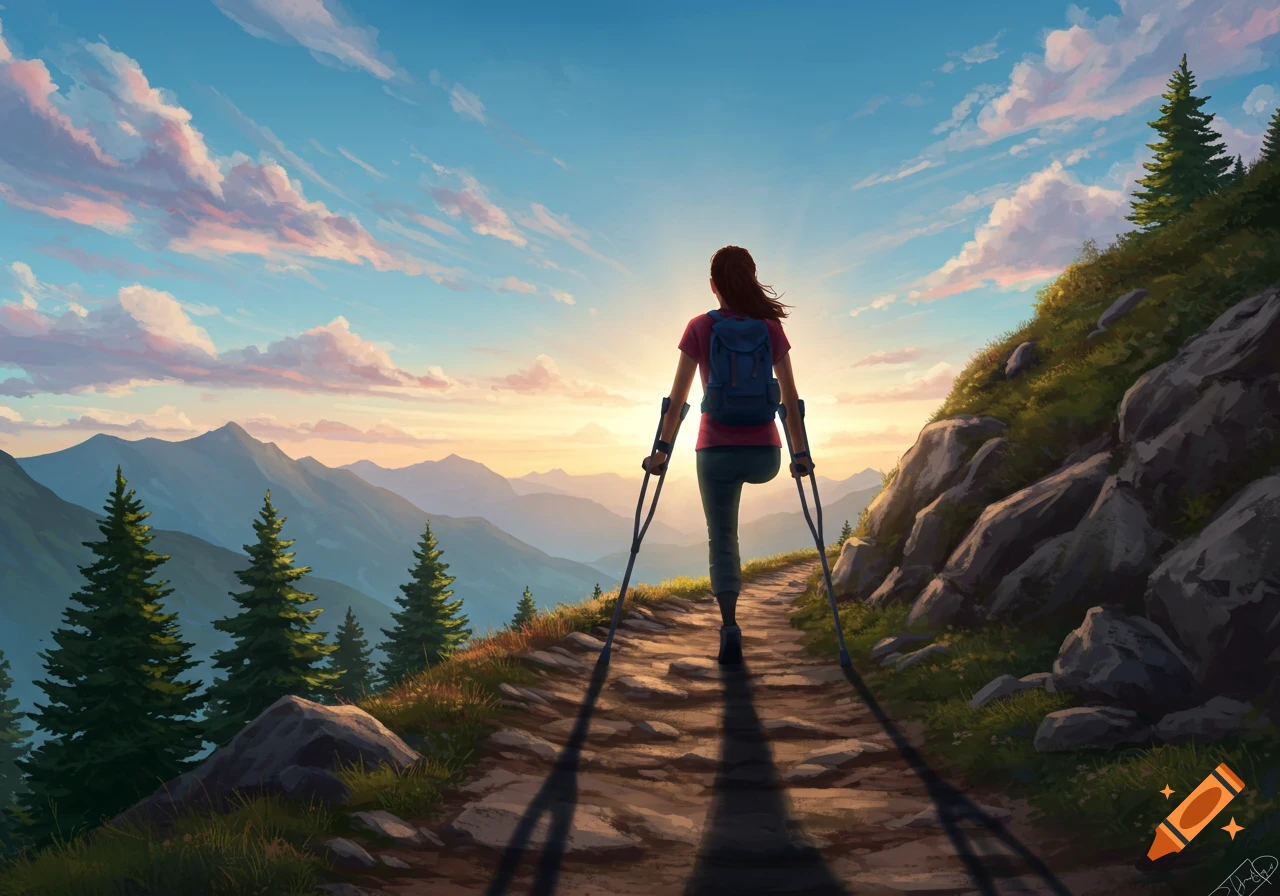 A person with a backpack and crutches hikes up a mountain path at sunrise, overlooking a vast mountain range, in a digital art style.