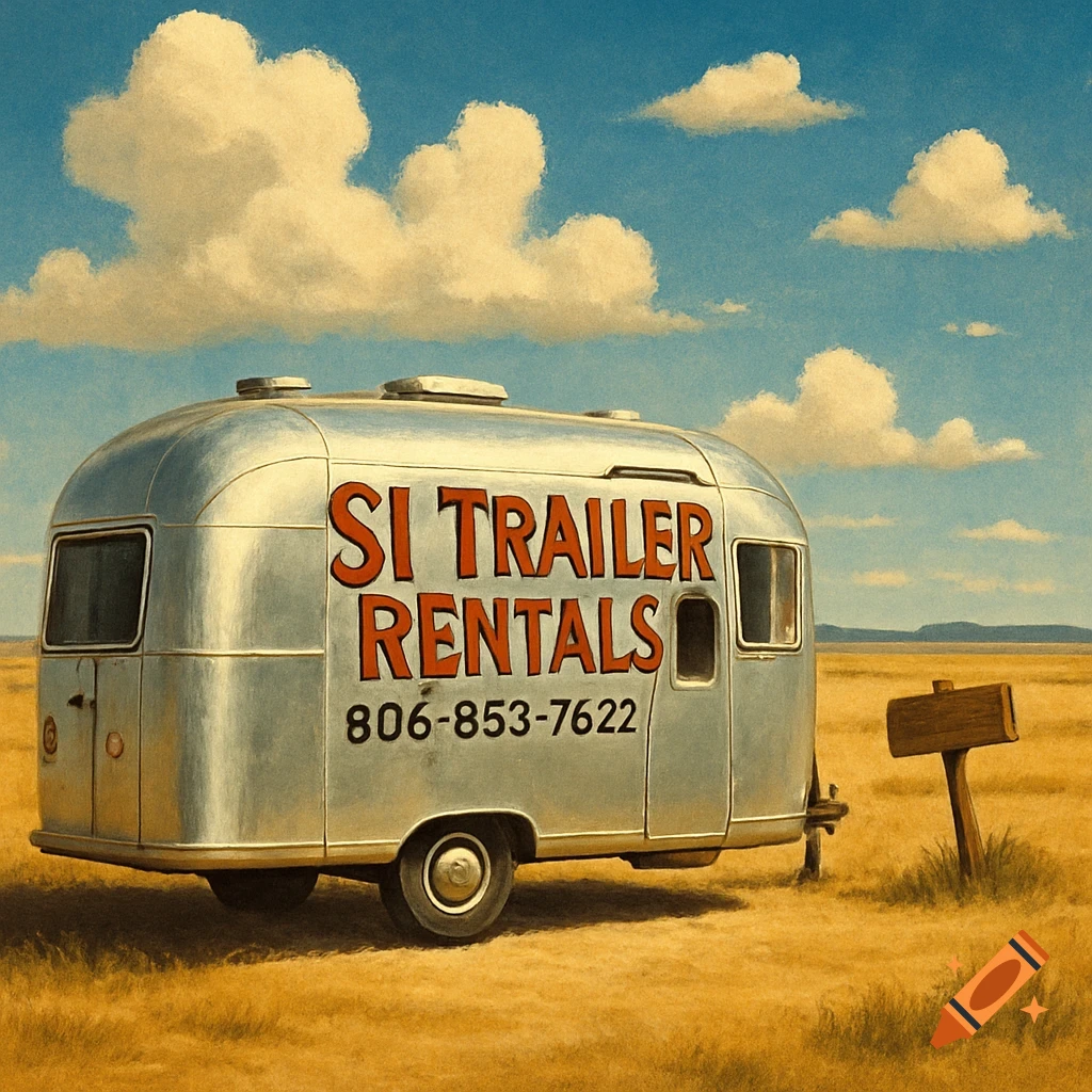 Silver vintage travel trailer with 'SI TRAILER RENTALS' and phone number in a golden field under a cloudy blue sky.