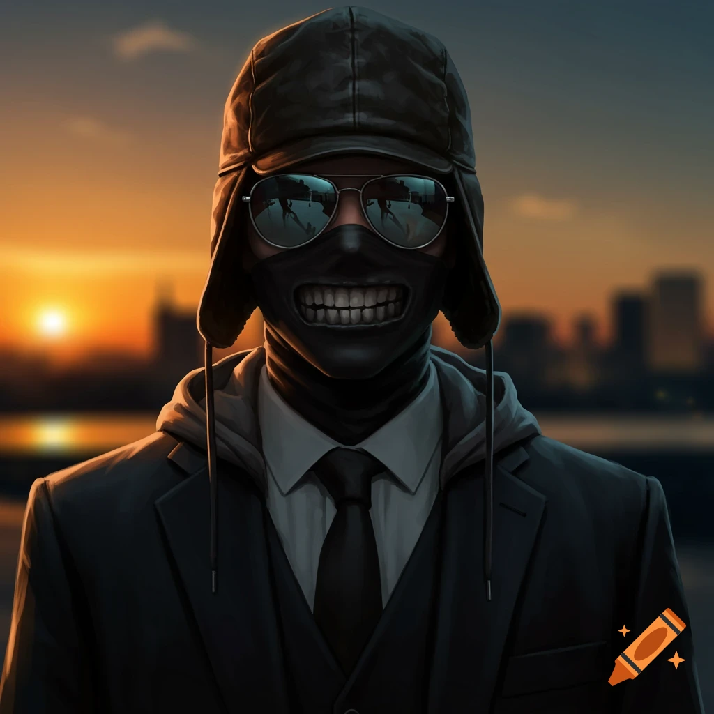 A man wearing a black pilot hat, sunglasses, a mask with a skeletal grin, a white shirt, a black tie, and a black suit jacket, standing against a sunset city skyline.