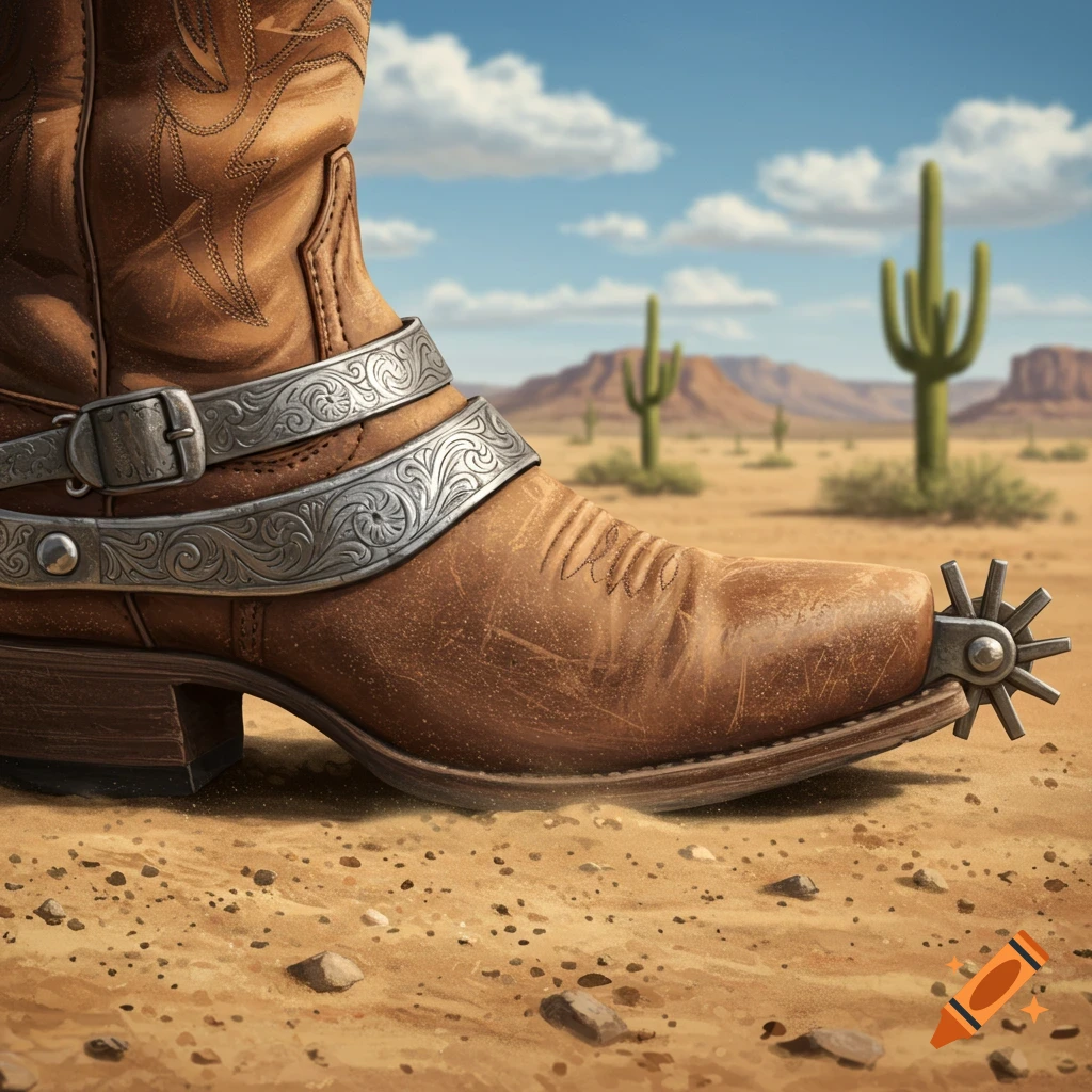 Close-up photorealistic image of a brown cowboy boot with silver spurs on sandy desert ground, with cacti and mountains in the background under a blue sky.