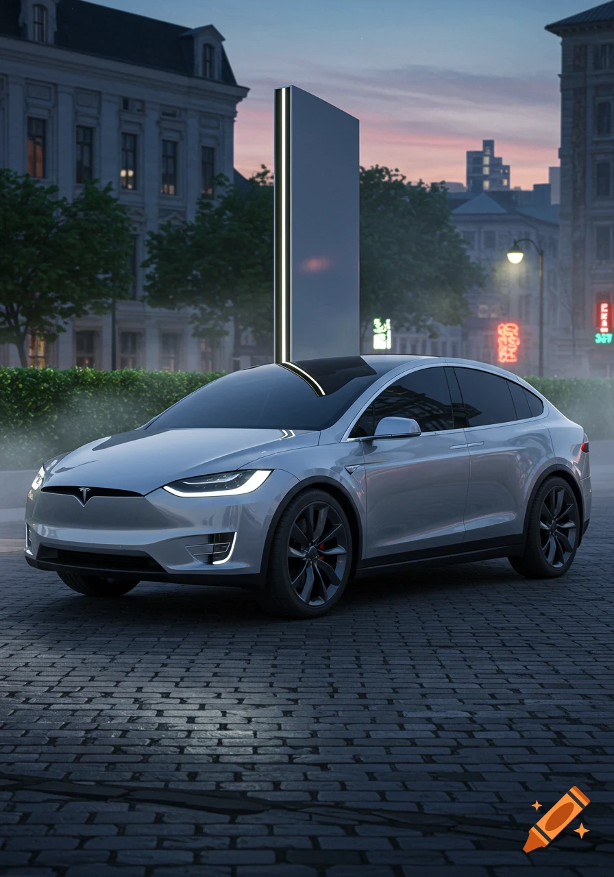 A silver Tesla Model X parked on a cobblestone street at dusk, with city buildings and neon signs in the background.
